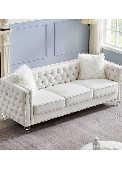 Velvet Upholstery Tufted Sofa Crystal Feet Removable Cushion-1