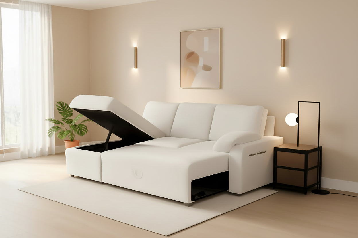 White sectional sofa with storage compartment in a modern living room.