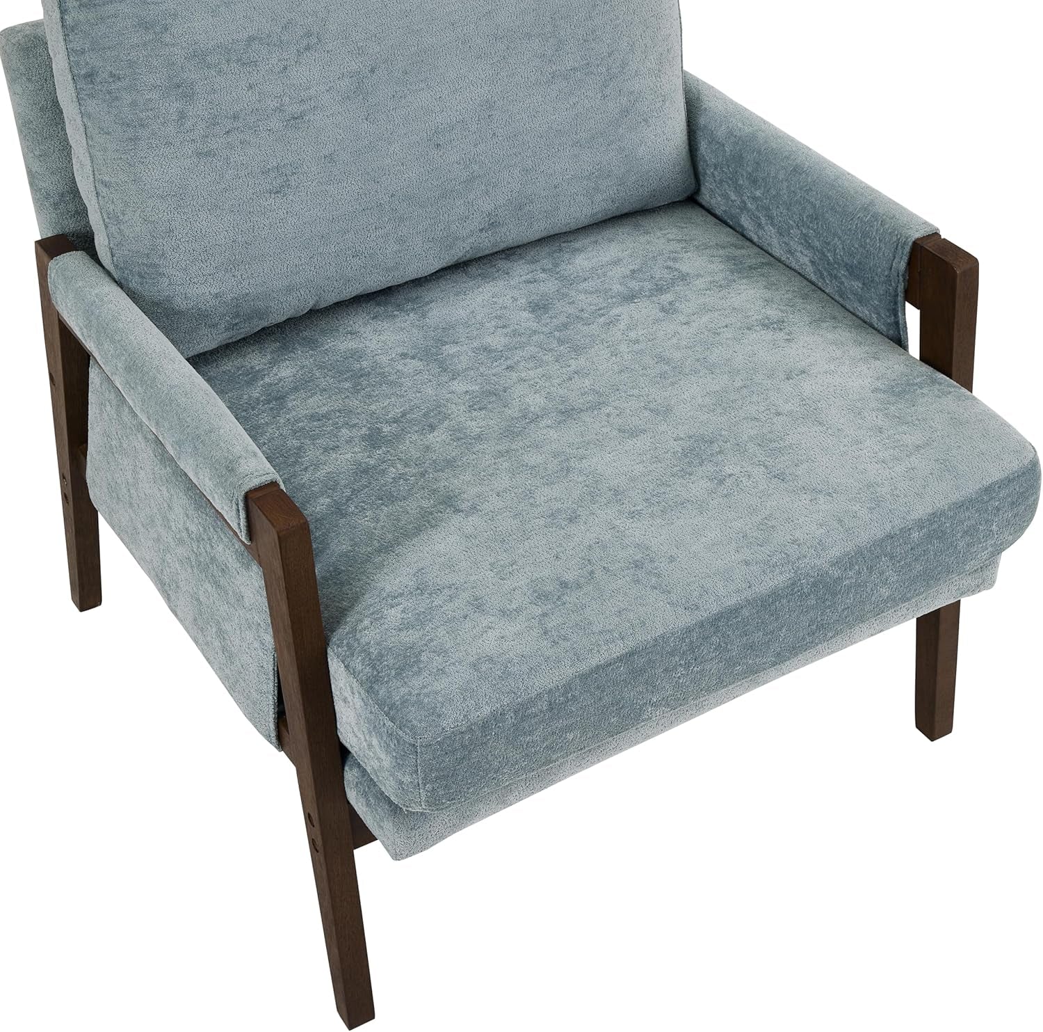 Blue upholstered chair with wooden armrests on a white background