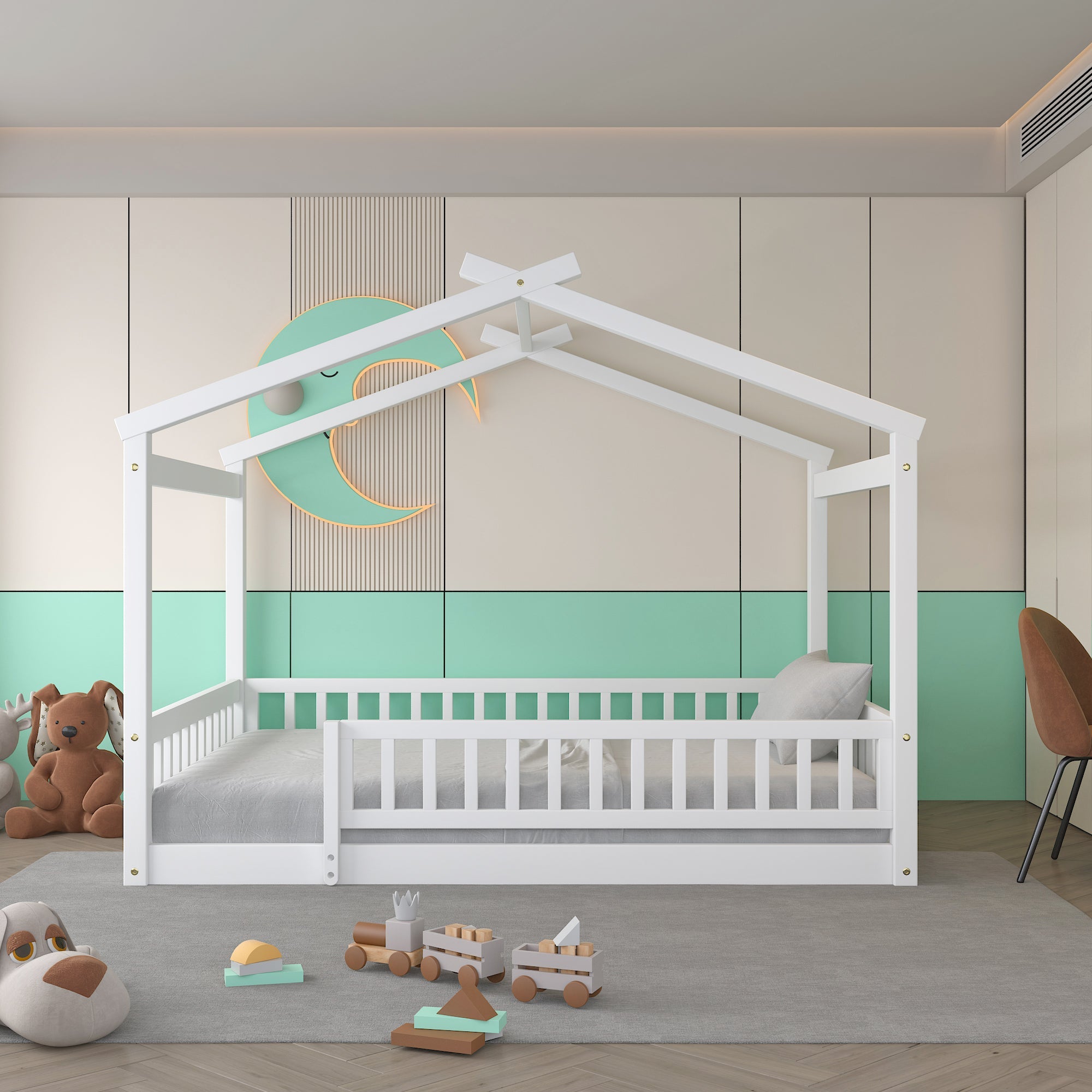 Wood Bed House Bed Frame with Fence, for Kids, Teens, Girls, Boys