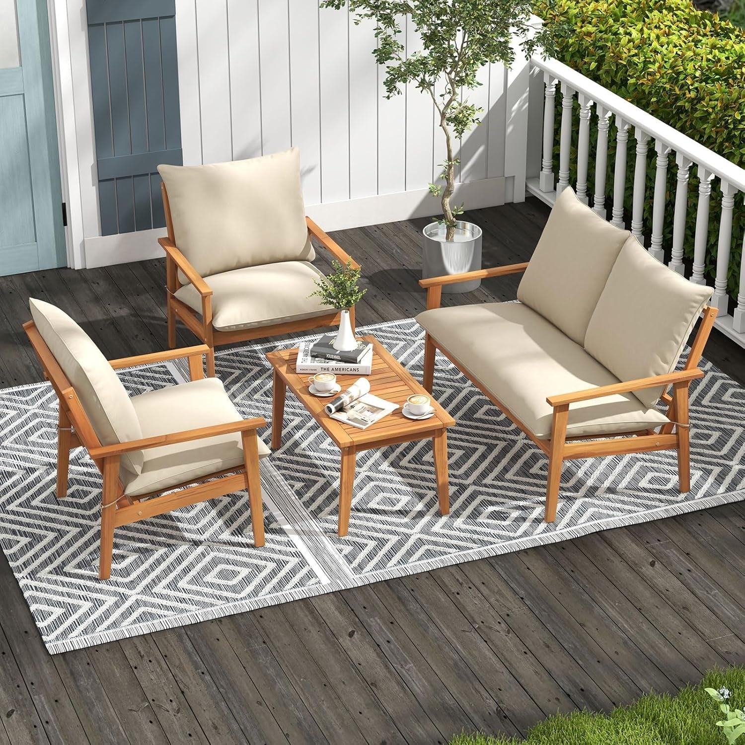 Hardy Haus Outdoor Acacia Wood Patio Set with Cushions and Coffee Table