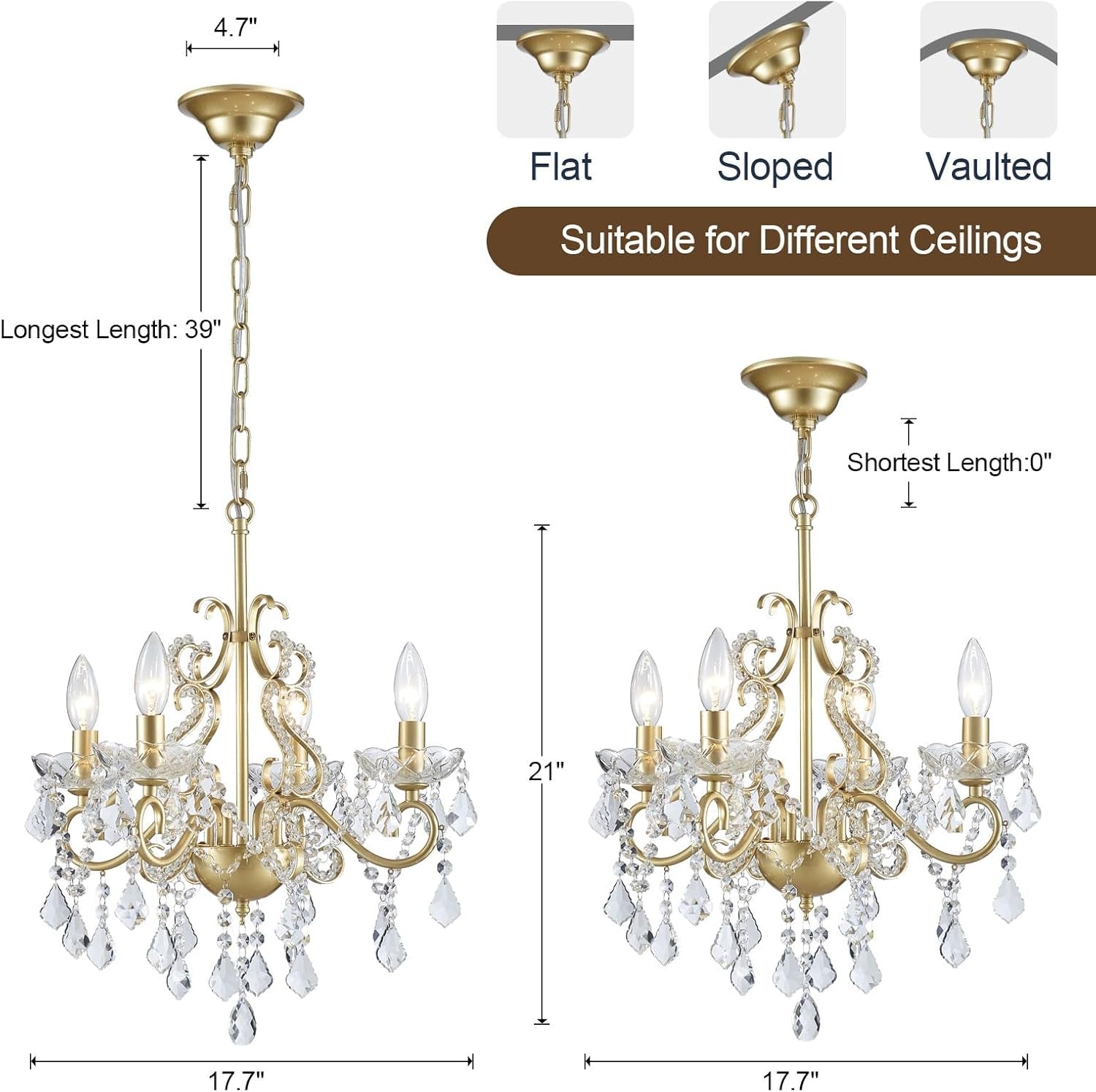 Gold chandelier with crystal accents, shown from three angles with measurements and ceiling compatibility labels.