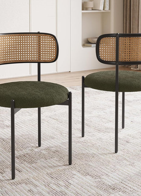 Kitchen Chairs Set of 2, Mid-Century Modern Dining Chairs,Kitchen Dining Room Chairs, Rattan Backrest round Upholstered Sherpa Dining Chairs(Green)-0