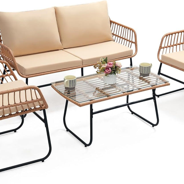 Four Piece Outdoor Wicker Sofa Rattan Chairs Set-0