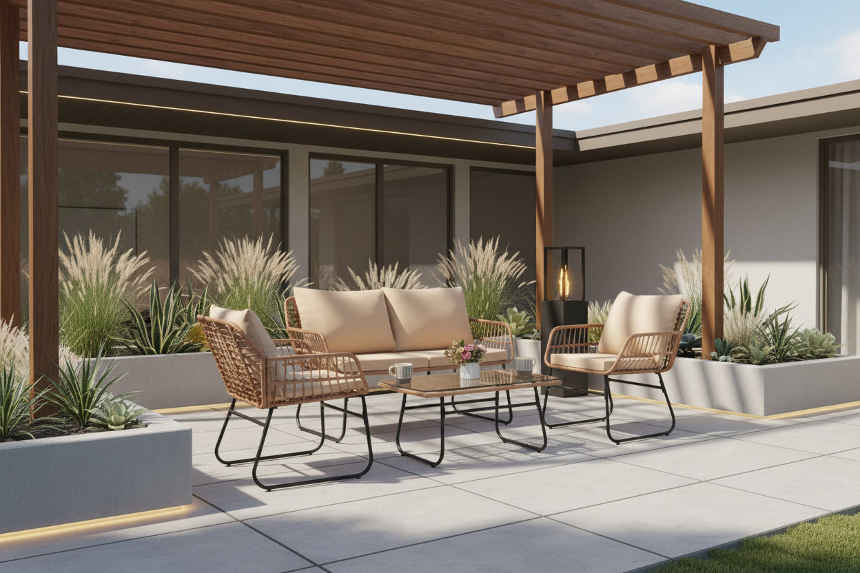 Rattan outdoor furniture set with beige cushions on a white background