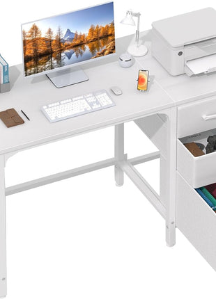 White Computer Desk with Fabric File Drawers Cabinet, 47 Inch Home Office Desks with Filing Cabinet for Small Space, Modern Writing Table PC Desks, White-0