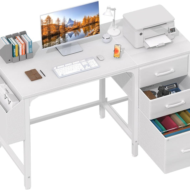 White Computer Desk with Fabric File Drawers Cabinet, 47 Inch Home Office Desks with Filing Cabinet for Small Space, Modern Writing Table PC Desks, White-0