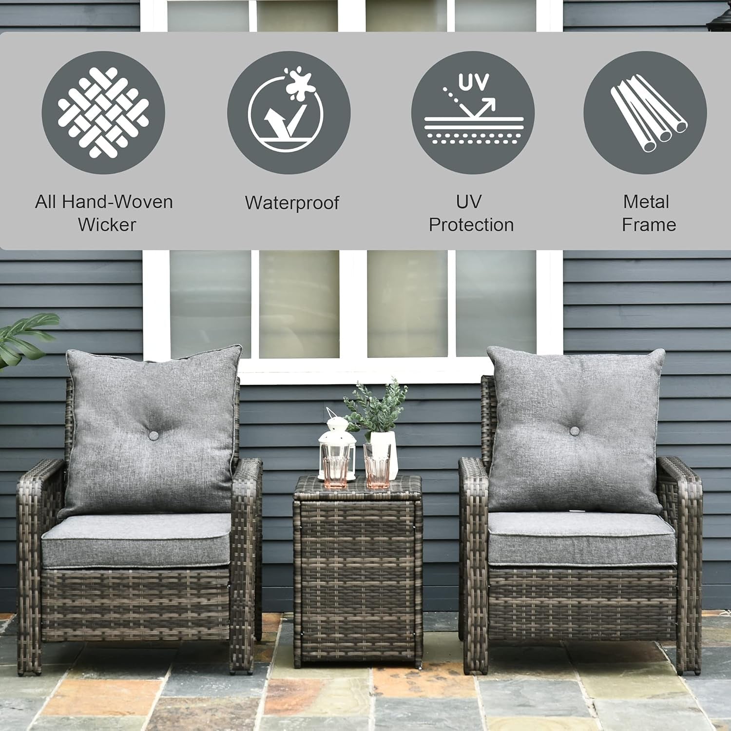 Outdoor furniture set with wicker chairs and table against a gray wall.