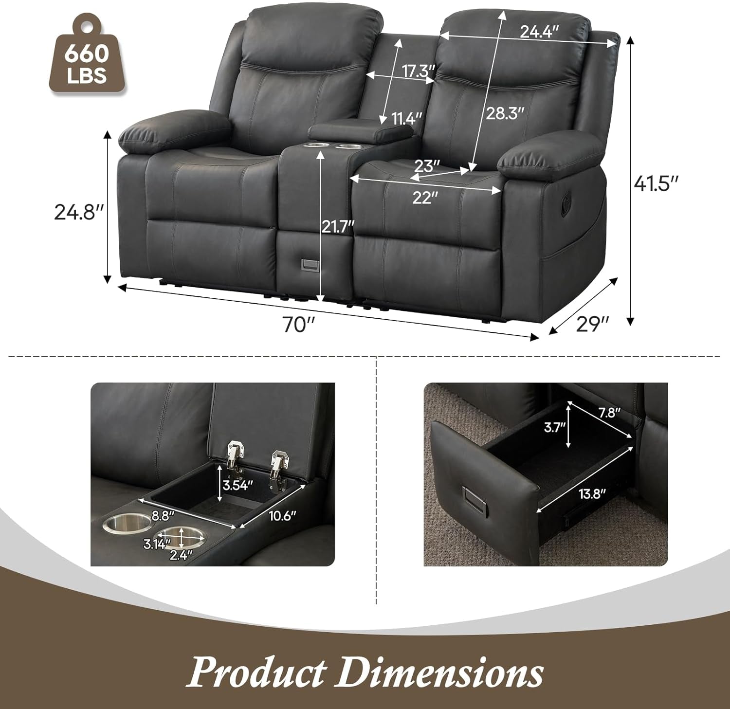 Black leather recliner sofa with dimensions and features on a white background