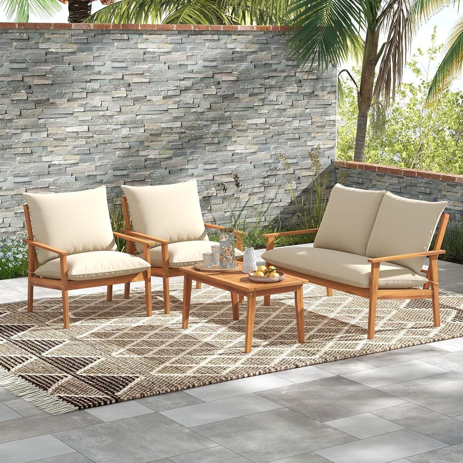 Hardy Haus Outdoor Acacia Wood Patio Set with Cushions and Coffee Table