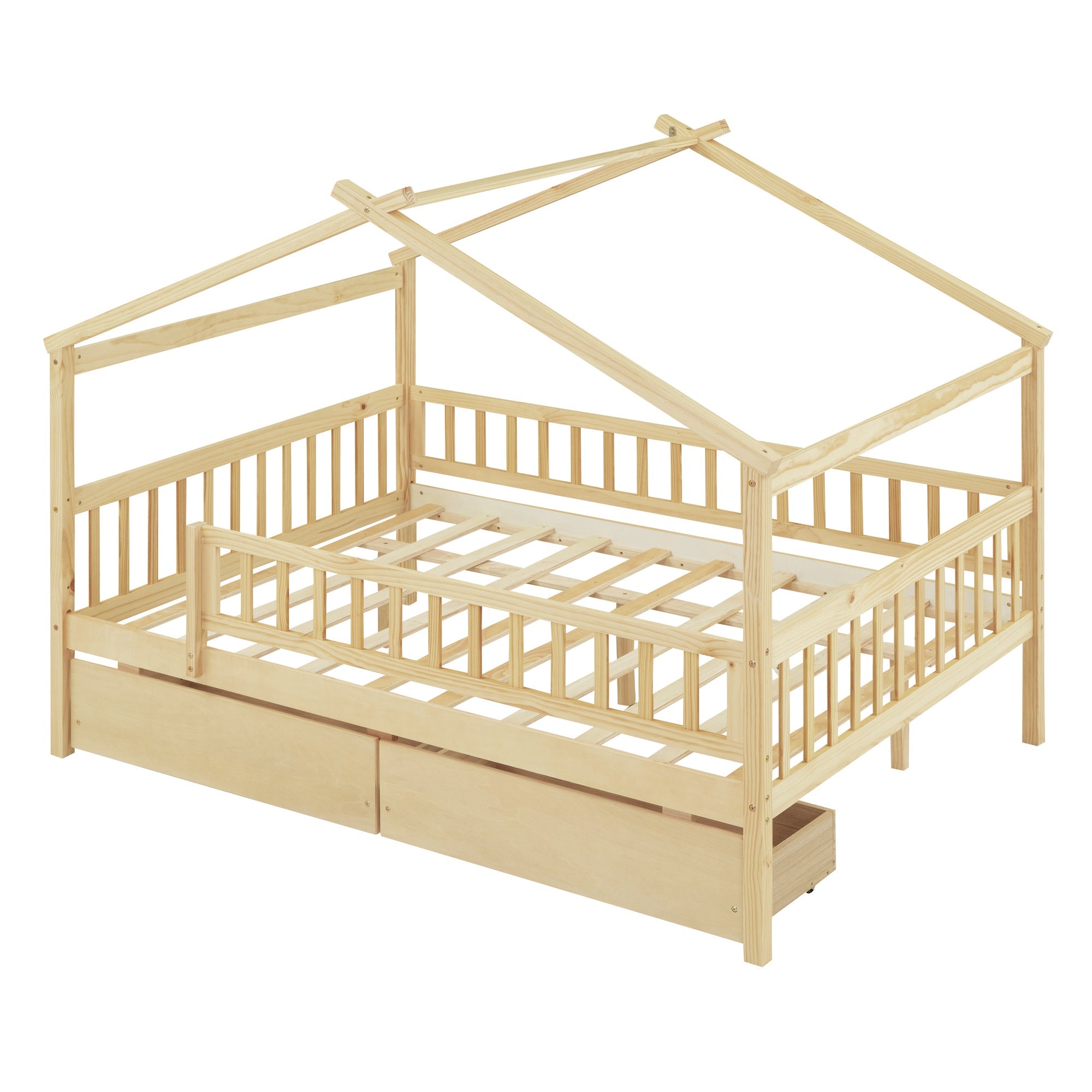Full Size Wooden House Bed with Two Drawers