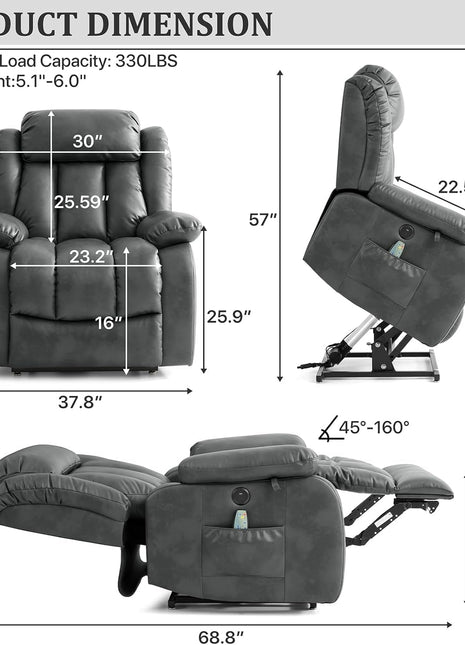 Dual Motor Large Power Lift Recliner Chair Recliners for Elderly, Infinite Position Recliner Chair with Heat and Massage, Breathable Leather(Gray)-1
