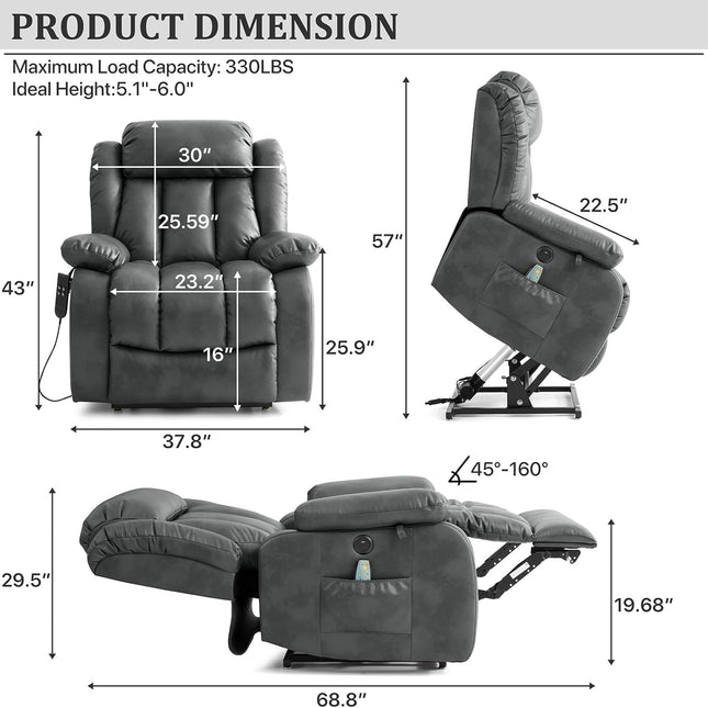 Dual Motor Large Power Lift Recliner Chair Recliners for Elderly, Infinite Position Recliner Chair with Heat and Massage, Breathable Leather(Gray)-1