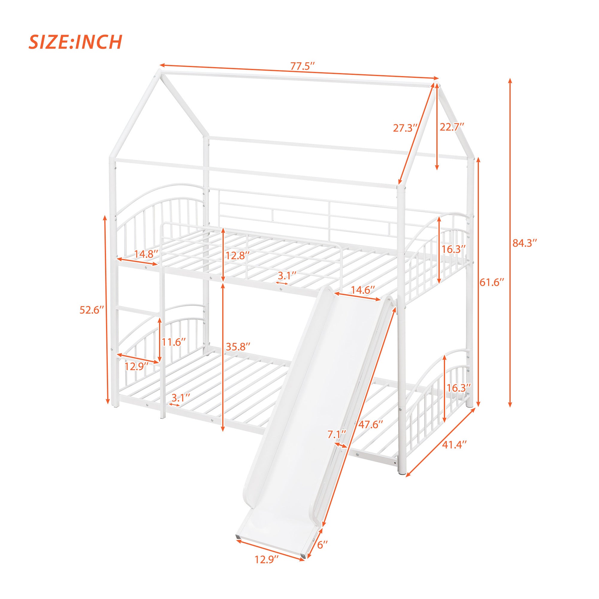 Twin Over Twin Metal Bunk Bed With Slide, Kids House Bed