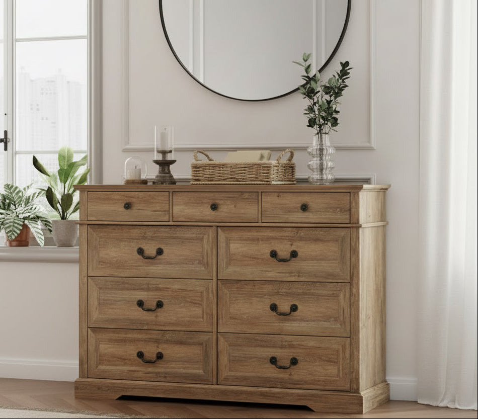 Wooden bedroom furniture set with bed, nightstands, and dresser in a well-lit room.