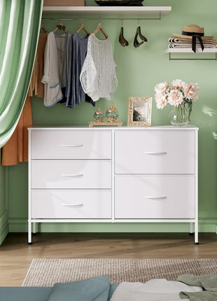 Dresser for Bedroom with 5 Drawers, Wide Bedroom Dresser with Drawer Organizers, Chest of Drawers, Fabric Dresser for Living Room, Closet, Hallway, White