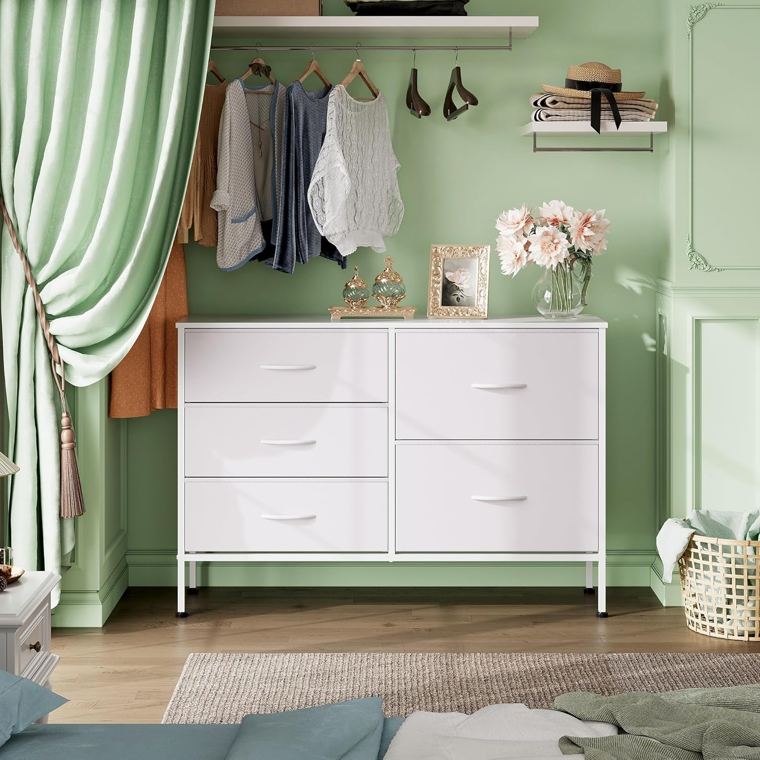 Dresser for Bedroom with 5 Drawers, Wide Bedroom Dresser with Drawer Organizers, Chest of Drawers, Fabric Dresser for Living Room, Closet, Hallway, White