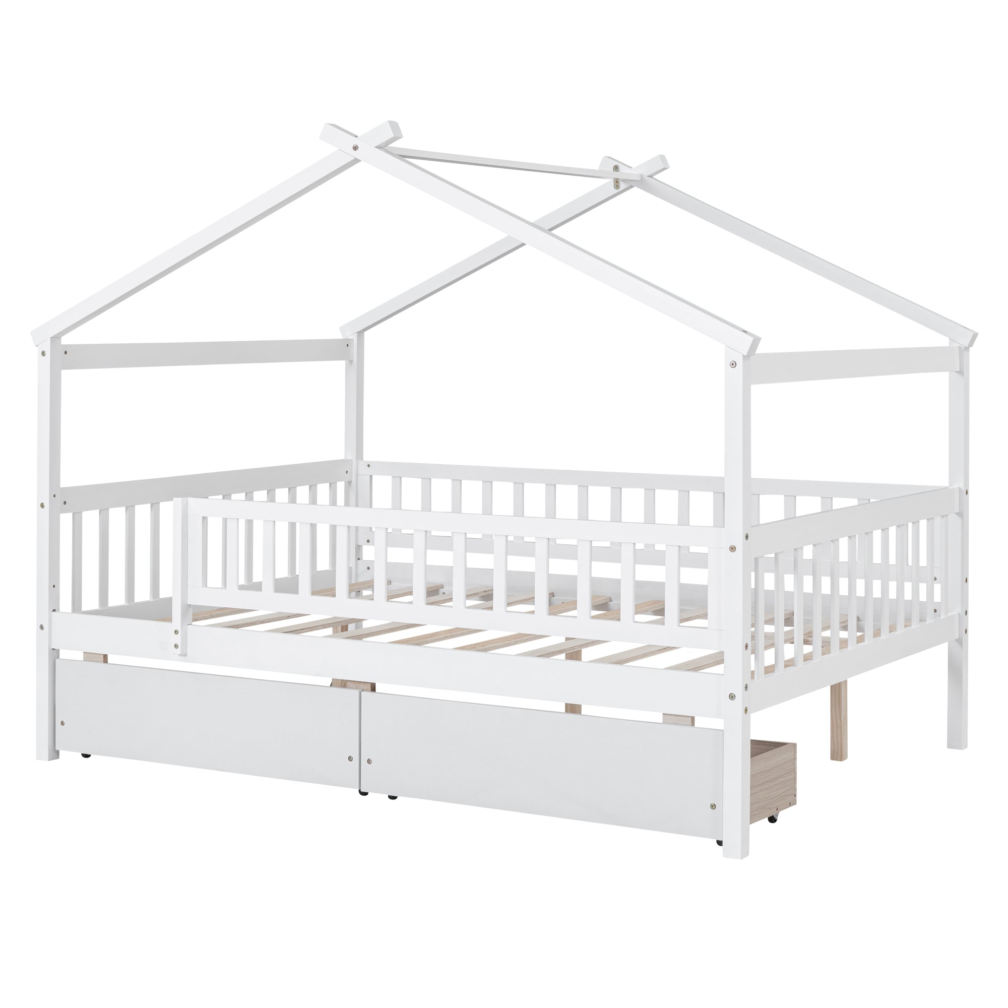 Full Size Wooden House Bed with Two Drawers