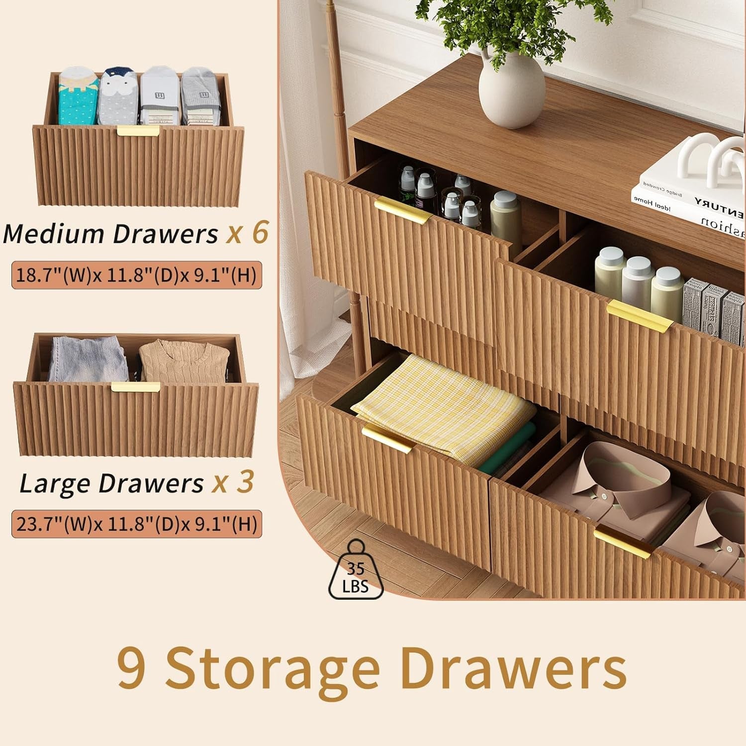 Wooden storage cabinet with drawers labeled for size and quantity, featuring text on weight capacity.