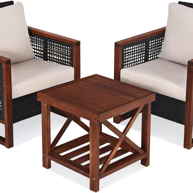3 Pieces Outdoor Patio Furniture Set Wicker Chairs with Coffee Table, Balcony Porch Furniture Bistro Set with Wood Frame and Washable Cushions for Garden Poolside Backyard-0