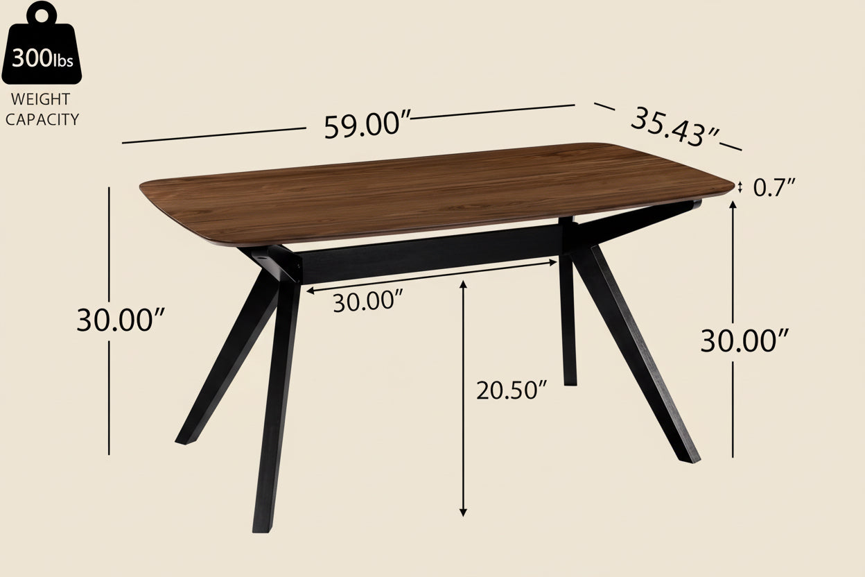 Wooden table with dimensions and weight capacity on a white background