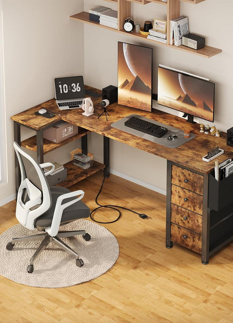 L Shaped Computer Desk with Drawers & Storage Shelves, 55 Inch Corner Desk with Power Outlet for Home Office Bedroom, L-Shaped Teen PC Gaming Desks with Fabric Drawer, Rustic Brown-1