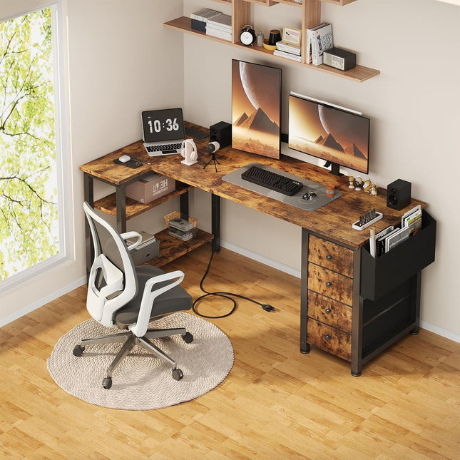 L Shaped Computer Desk with Drawers & Storage Shelves, 55 Inch Corner Desk with Power Outlet for Home Office Bedroom, L-Shaped Teen PC Gaming Desks with Fabric Drawer, Rustic Brown-1