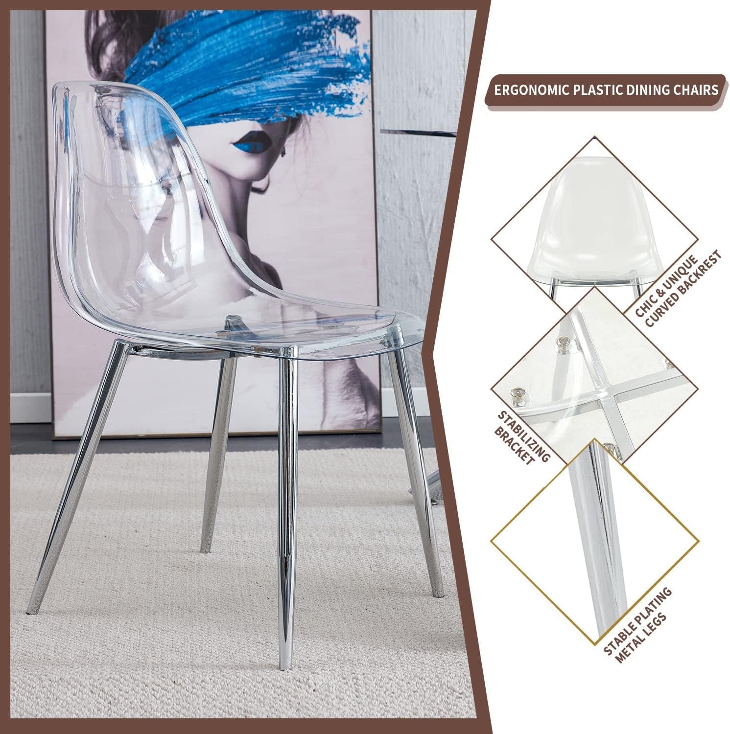 Clear plastic dining chair with ergonomic design features on a neutral background