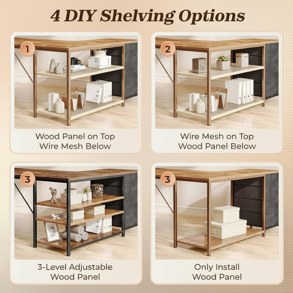 Four different DIY shelving options with text labels on a beige background