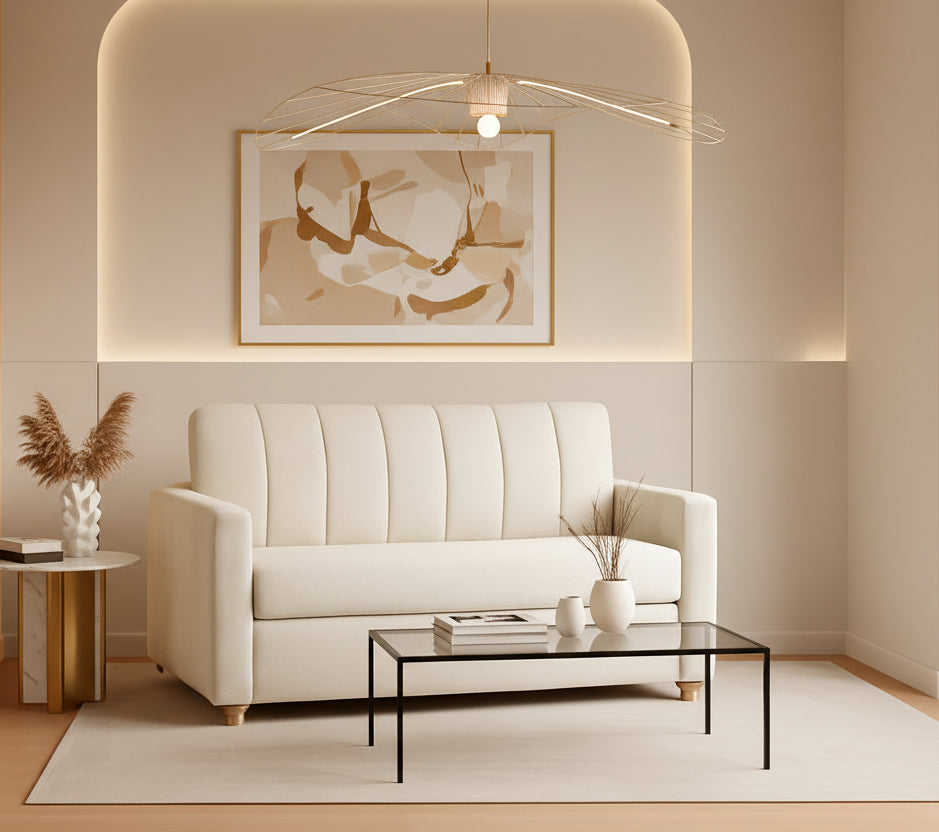 Beige sofa in a room with a warm color scheme