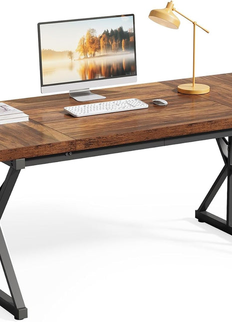 70.8-Inch Office Desk, Wooden Executive Office Desk, Modern Work Desk, Large Farmhouse Writing Table Computer Desk for Home, Brown-Black-0