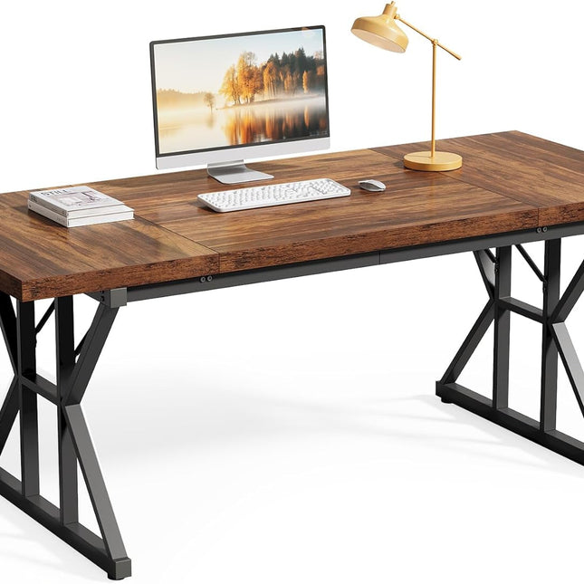 70.8-Inch Office Desk, Wooden Executive Office Desk, Modern Work Desk, Large Farmhouse Writing Table Computer Desk for Home, Brown-Black-0