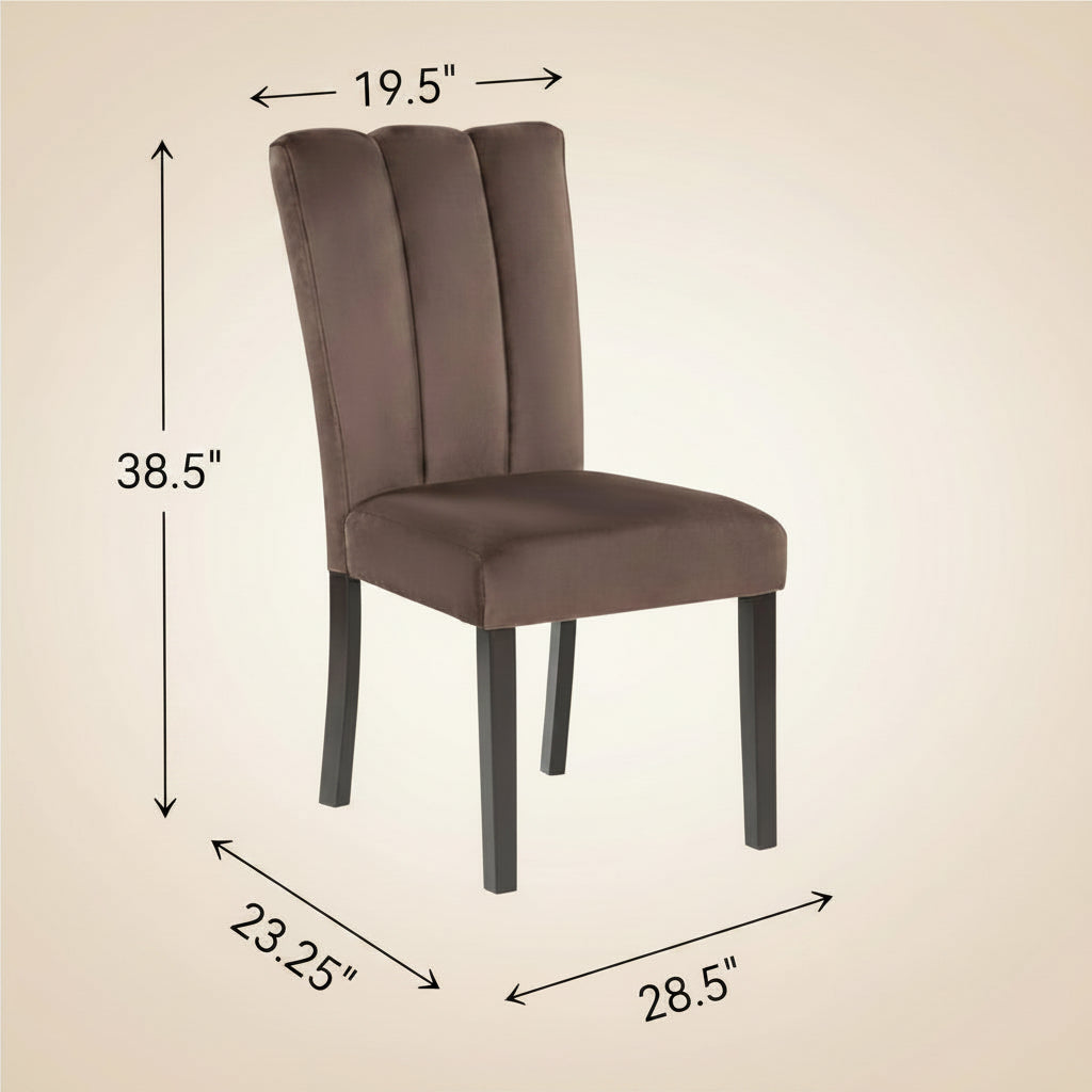 Brown upholstered chair with dimensions and a cardboard box labeled '2pcs/ctn' on a white background.