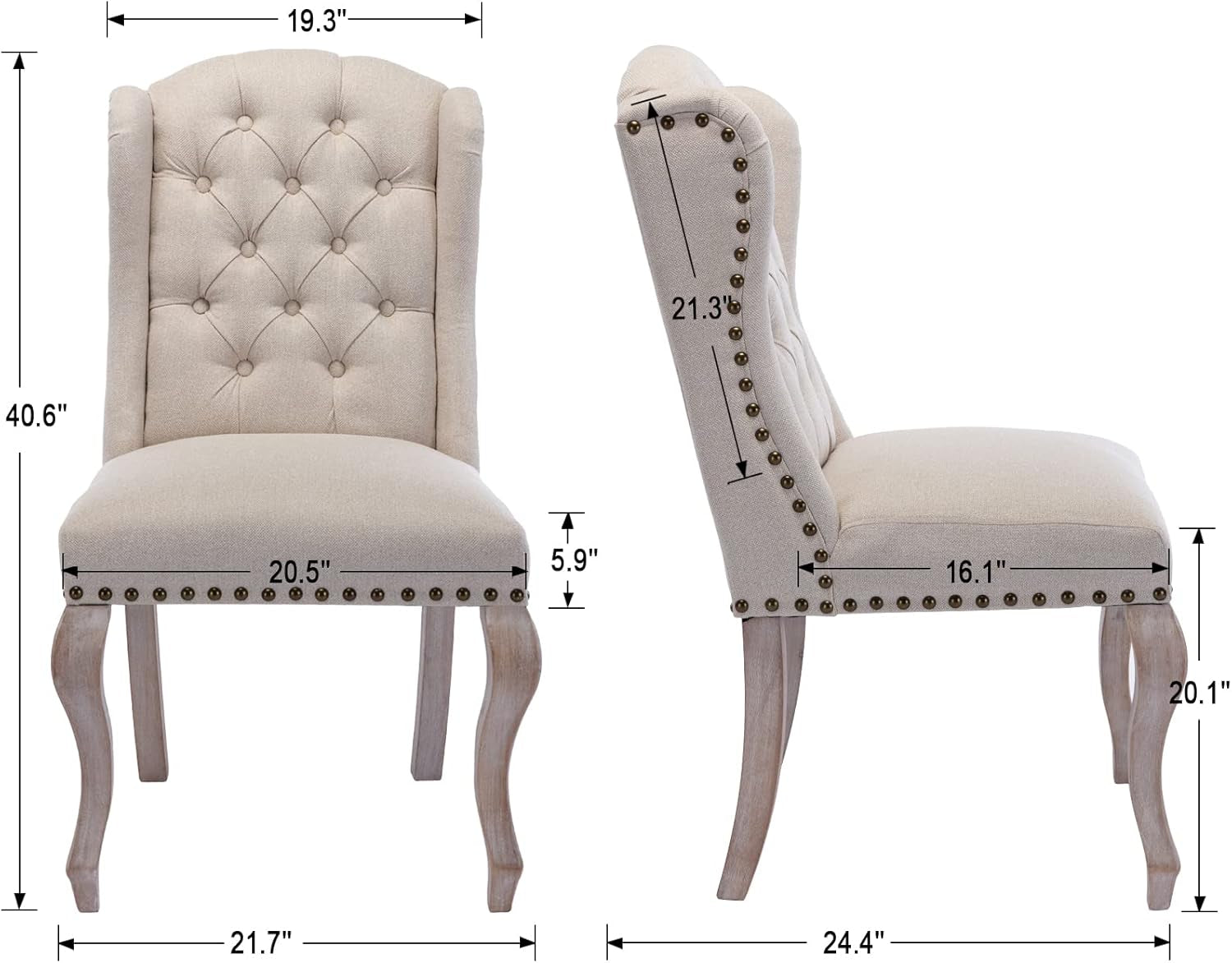Beige upholstered chair with dimensions labeled on a white background