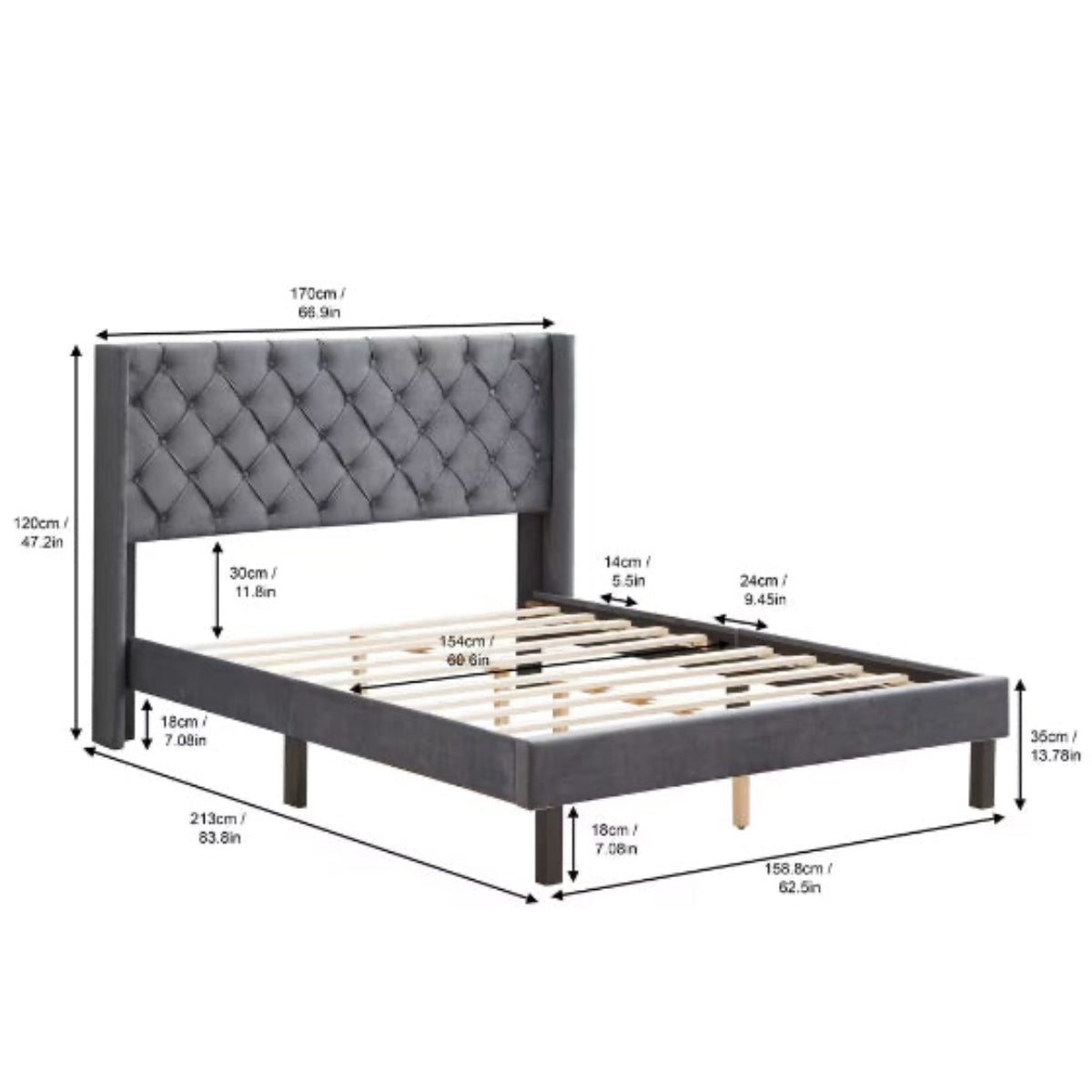 Gray upholstered bed with dimensions labeled on a white background