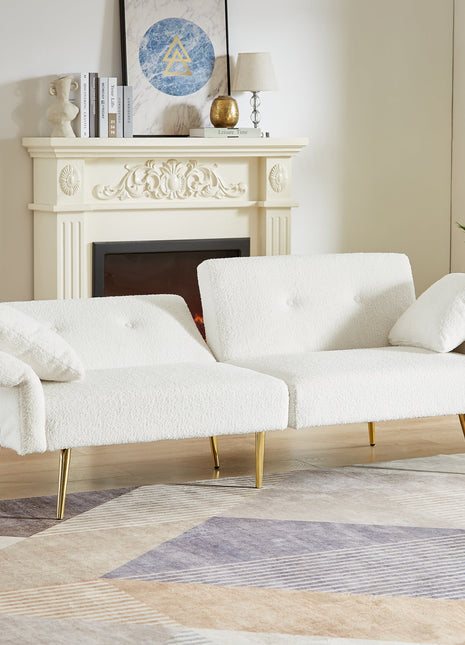 Modern Teddy Upholstered Accent Loveseat Sofa With Side Pocket,Folding Sleeper Sofa Bed With Foldable Armrest , Adjustable Backrest and Golden Metal Legs for Living Room,White-0