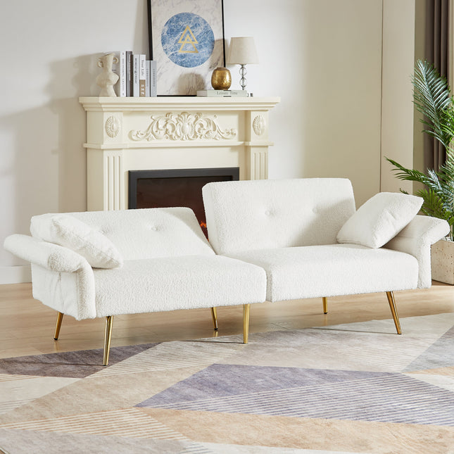 Modern Teddy Upholstered Accent Loveseat Sofa With Side Pocket,Folding Sleeper Sofa Bed With Foldable Armrest , Adjustable Backrest and Golden Metal Legs for Living Room,White-0