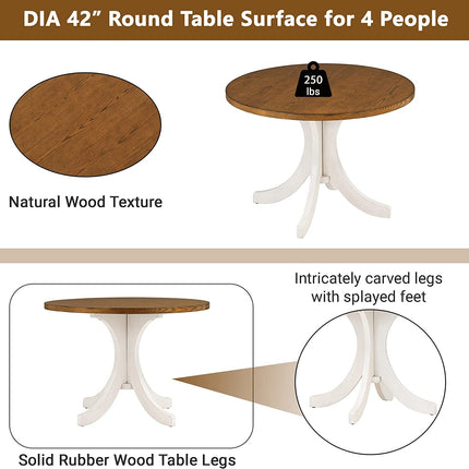 Round table with natural wood texture and white legs, showing weight capacity and design details.