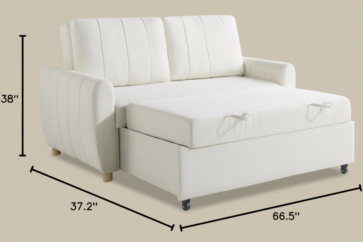 White sofa bed with dimensions displayed on a white background