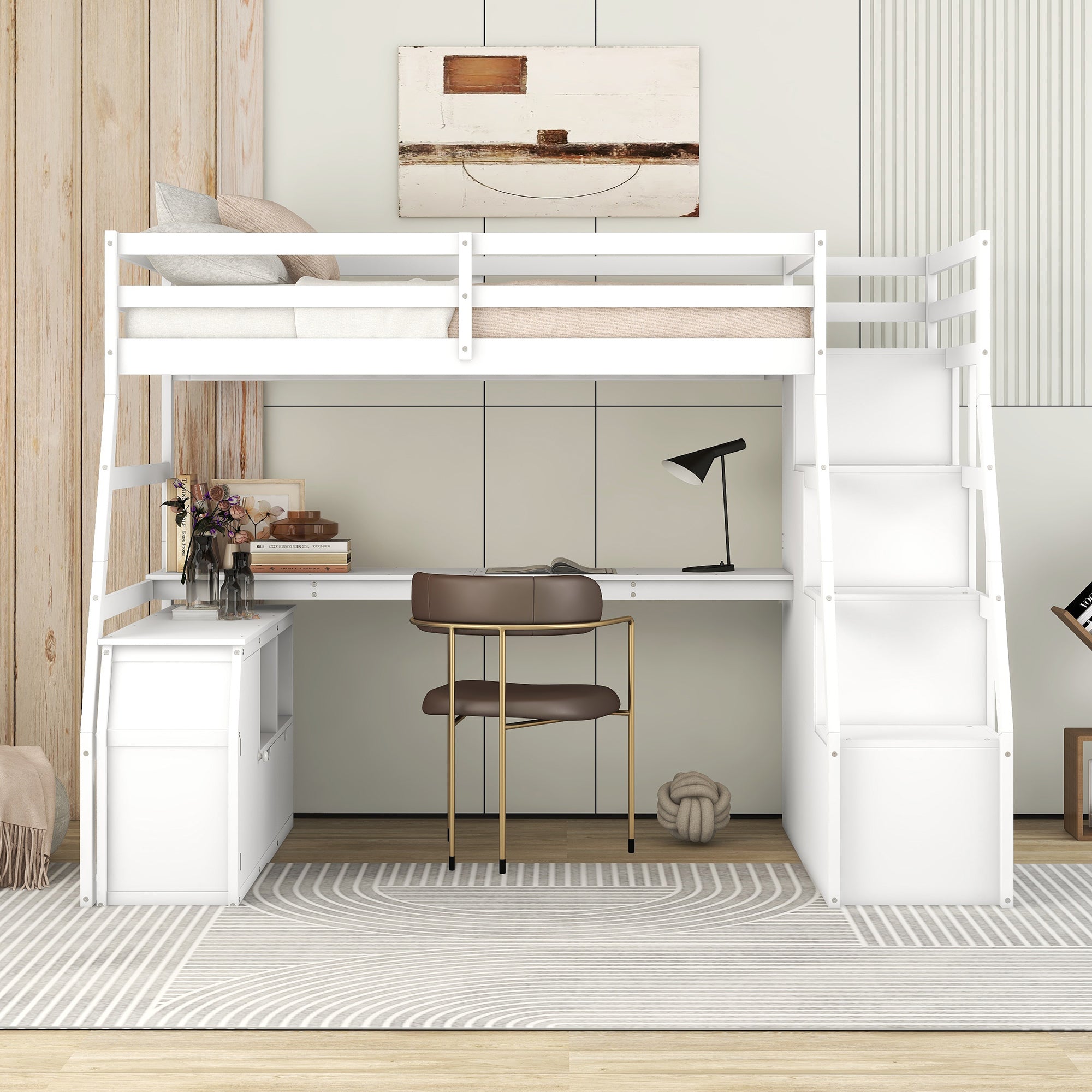 Twin Size Loft Bed with 7 Drawers 2 Shelves and Desk