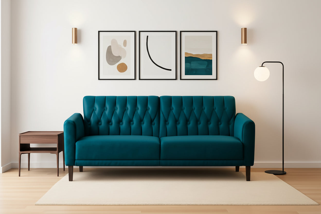 Teal sofa in a living room with beige walls and a lamp.