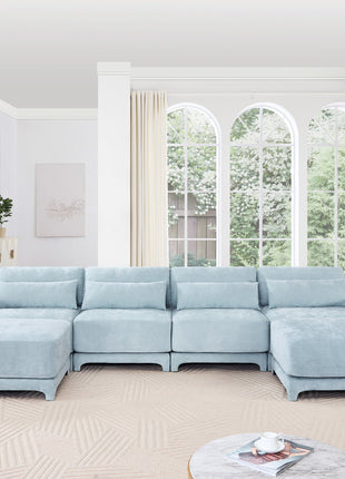 Elegant Four-Seater Sofa with Movable Ottoman and Lumbar Pillow in Sky Blue Chenille with Solid Wood Frame-4