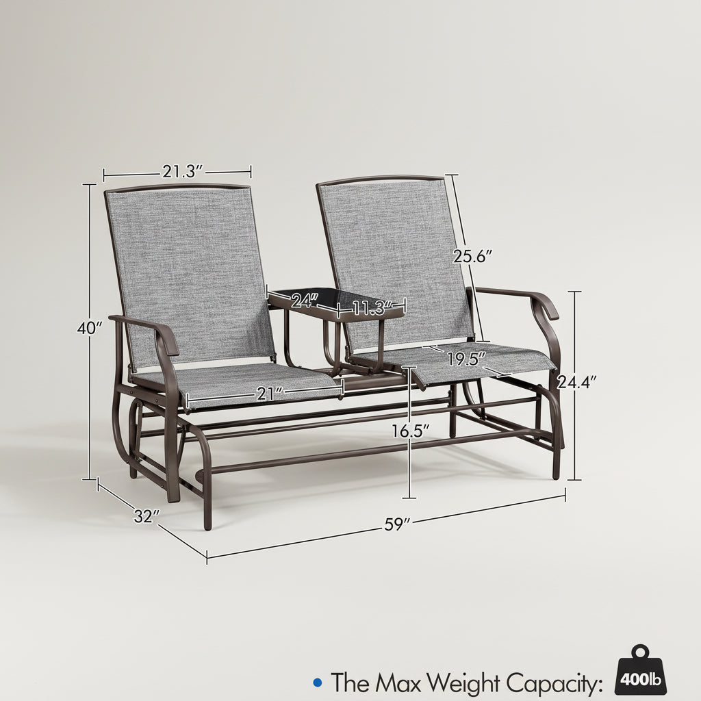 Dimensions of a double glider chair with table on a white background
