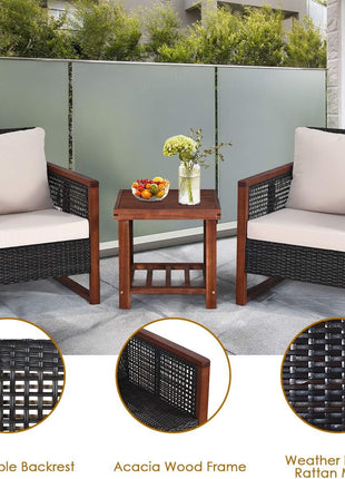 3 Pieces Outdoor Patio Furniture Set Wicker Chairs with Coffee Table, Balcony Porch Furniture Bistro Set with Wood Frame and Washable Cushions for Garden Poolside Backyard-3