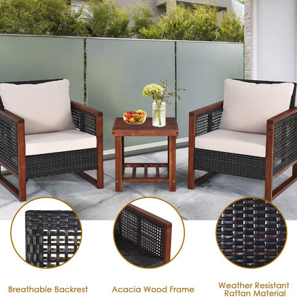 3 Pieces Outdoor Patio Furniture Set Wicker Chairs with Coffee Table, Balcony Porch Furniture Bistro Set with Wood Frame and Washable Cushions for Garden Poolside Backyard-3