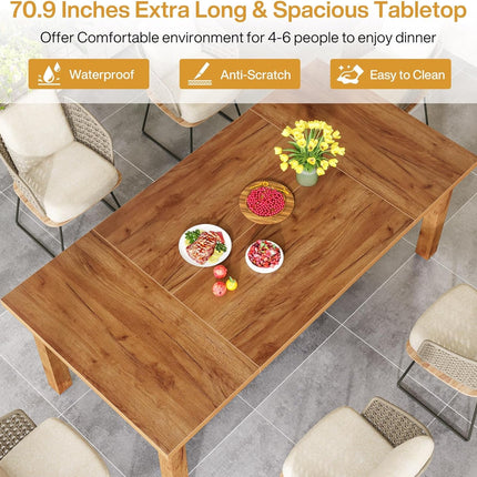 Wooden dining table with chairs on a tiled floor, featuring text about table size and features.