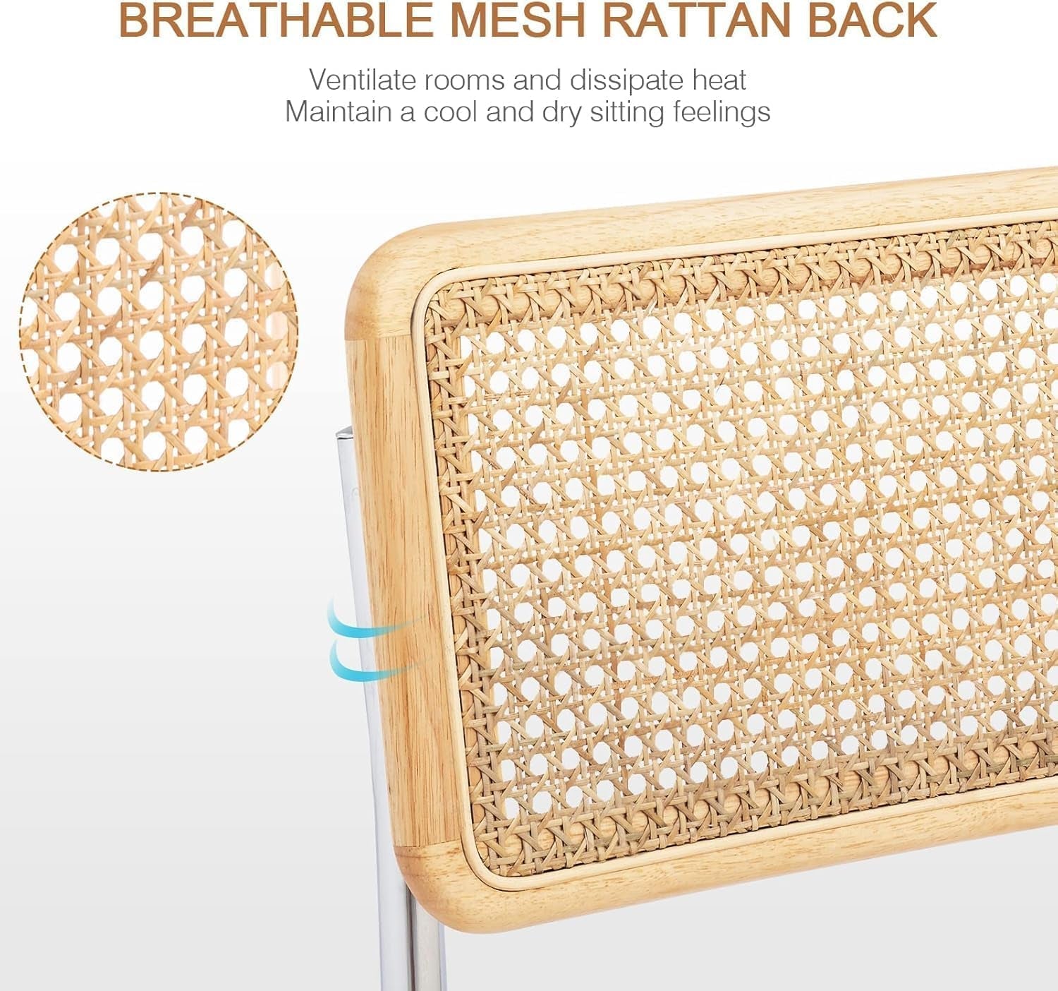 Breathable mesh rattan back design with text on a white background