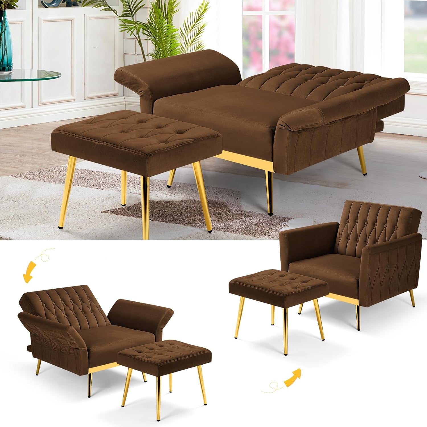 Brown sofa set with ottomans in a living room setting