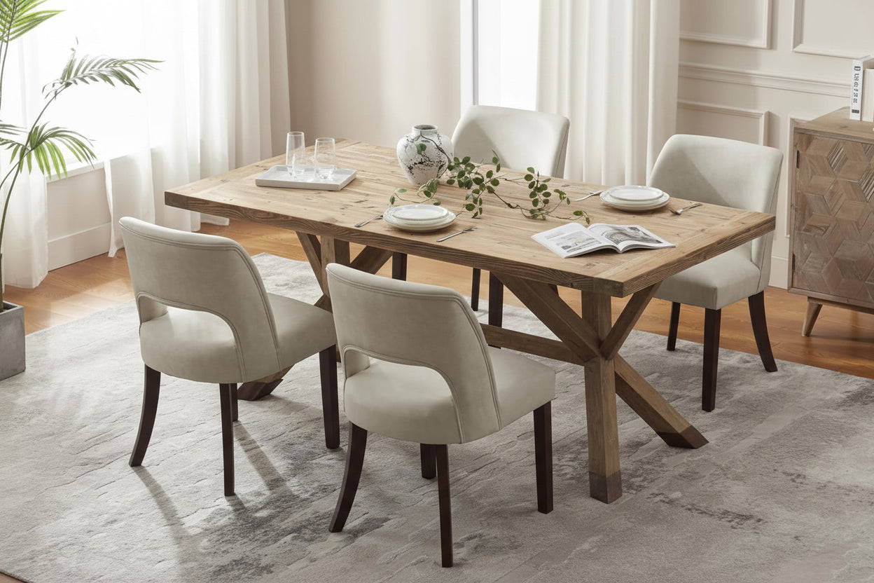 Dining room setup with wooden table and chairs, featuring wear-resistant leather, cozy sponge cushion, and durable rubber legs.