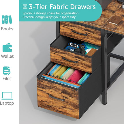 Computer Desk with Fabric File Drawers Cabinet, 47 Inch Home Office Desks with Filing Cabinet for Small Space, Study Writing Table PC Desks, Rustic Brown-4